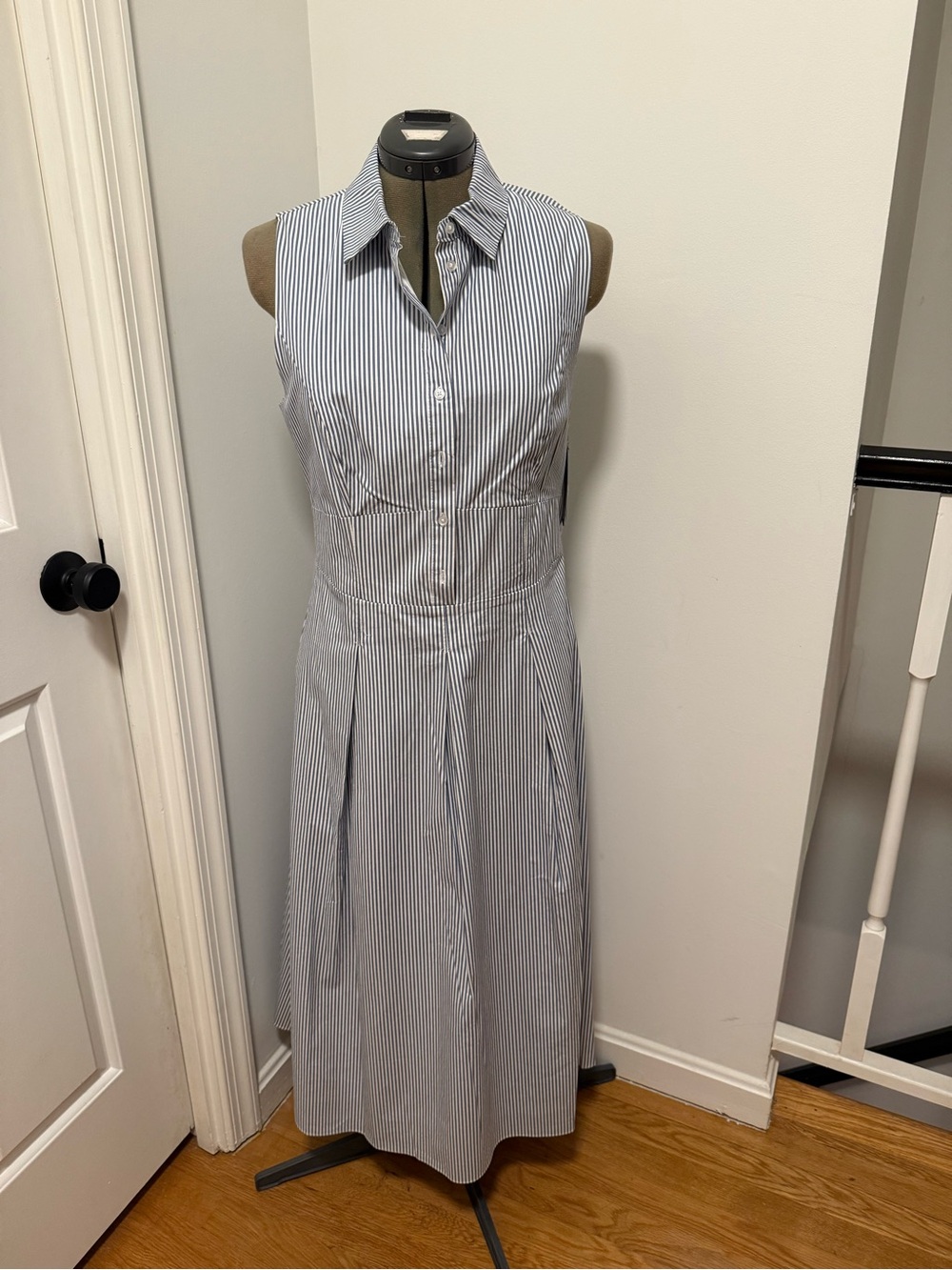 Nicole Miller Sleeveless Vertical Stripe Midi Dress in Blue and White